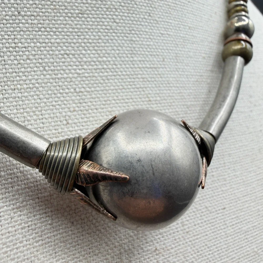 Mixed Metal Orb Collar Necklace Silver Copper & Brass Tone Statement Artisan